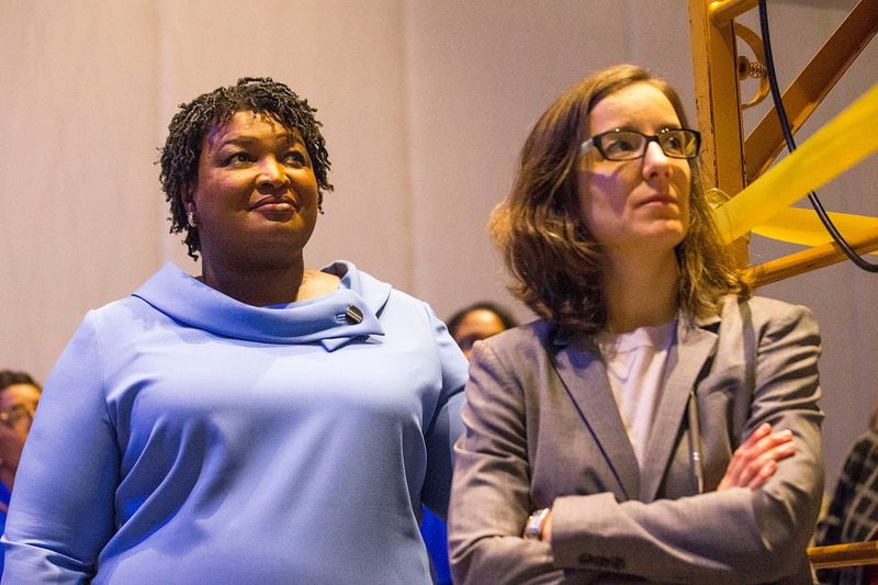 Fair Fight, the political organization that Stacey Abrams, left, founded and Lauren Groh-Wargo has returned to head in an interim role, used organize voters and fight Republican policies in court. But the group, once a fundraising juggernaut, has recently experienced financial troubles severe enough to lay off much of its staff. Democrats worry that could hurt their efforts to help President Joe Biden carry Georgia again this year. (Alyssa Pointer/Atlanta Journal-Constitution/TNS)