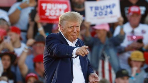 Former President Donald Trump pointed toward the crowd after speaking during his first 2024 campaign rally on March 25, 2023, at Waco Regional Airport in Waco. (Shafkat Anowar/The Dallas Morning News/TNS)