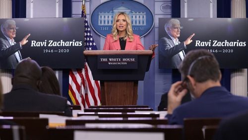 White House press secretary Kayleigh McEnany speaks during a news briefing in the James Brady Press Briefing Room of the White House May 20, 2020 in Washington, D.C. During the briefing, McEnany praised Ravi Zacharias, a Christian evangelist who had recently passed away from sarcoma. (Alex Wong/Getty Images/TNS)