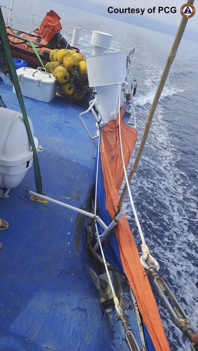 This photo provided by the Philippine Coast Guard, shows damage on Philippines coast guard vessel BRP Bagacay (MRRV-4410) after a collision with a Chinese coast guard ship Monday, Aug. 19, 2024 in the disputed South China Sea. (Philippine Coast Guard via AP)