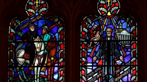 Stained glass windows depicting two iconic Confederate generals that are being removed is seen at the Washington National Cathedral in Washington on Wednesday. AP/Carolyn Kaster