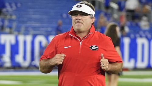 Georgia head coach Kirby Smart runs off the field following an NCAA college football game against Kentucky, Saturday, Sept. 14, 2024, in Lexington, Ky. (AP Photo/Darron Cummings)