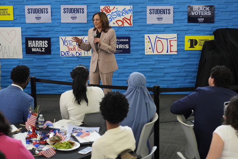 Democratic presidential nominee, Vice President Kamala Harris, speaking during an unscheduled stop to greet student volunteers at Community College of Philadelphia, Tuesday, Sept. 17, 2024, in Philadelphia. (AP Photo/Jacquelyn Martin)