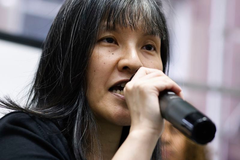 Beatrice Chen, executive director of Immigrant Social Services, speaks during the opening of an art contest titled "Hacked the Hate" made by young artists, Thursday, Aug. 8, 2024, in New York. (AP Photo/Kena Betancur)