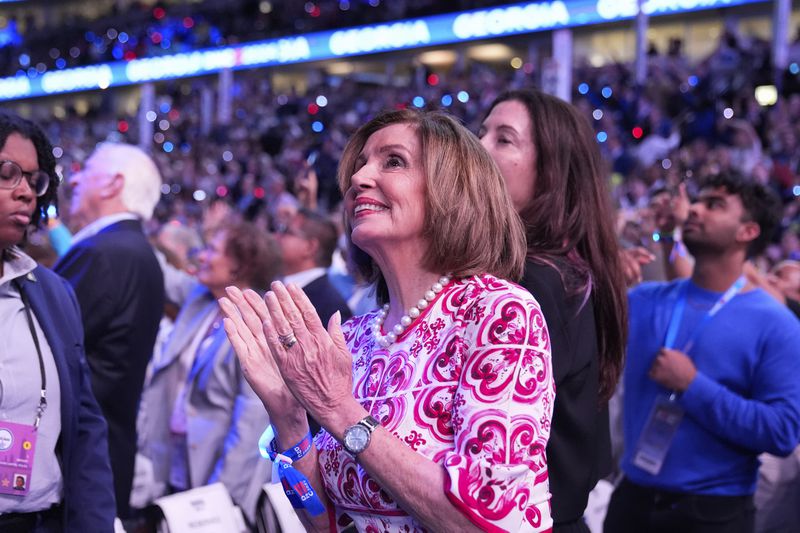 Rep. Nancy Pelosi, D-Calif., watches during the Democratic National Convention Tuesday, Aug. 20, 2024, in Chicago. (AP Photo/Erin Hooley)