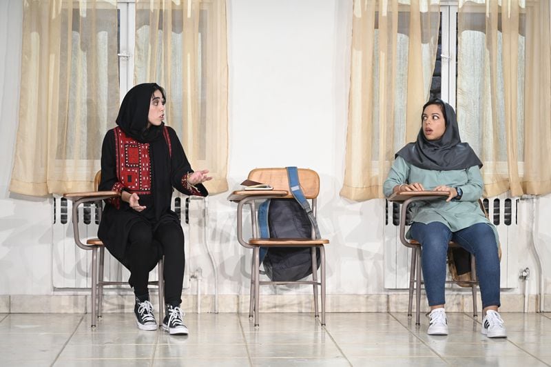 Students played by Auveen Dezgaran (left) and Sade Namei are expected to speak “English only" in the classroom. Photo: Greg Mooney