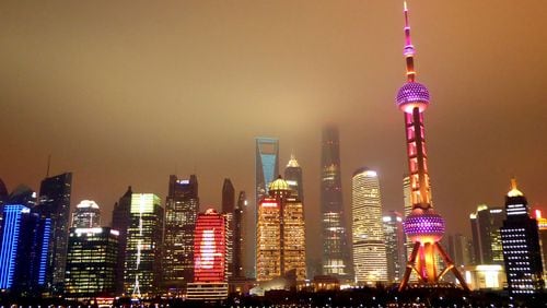 View of the Shanghai skyline at night from the Crystal Symphony. (Jerome Levine/Chicago Tribune/TNS)