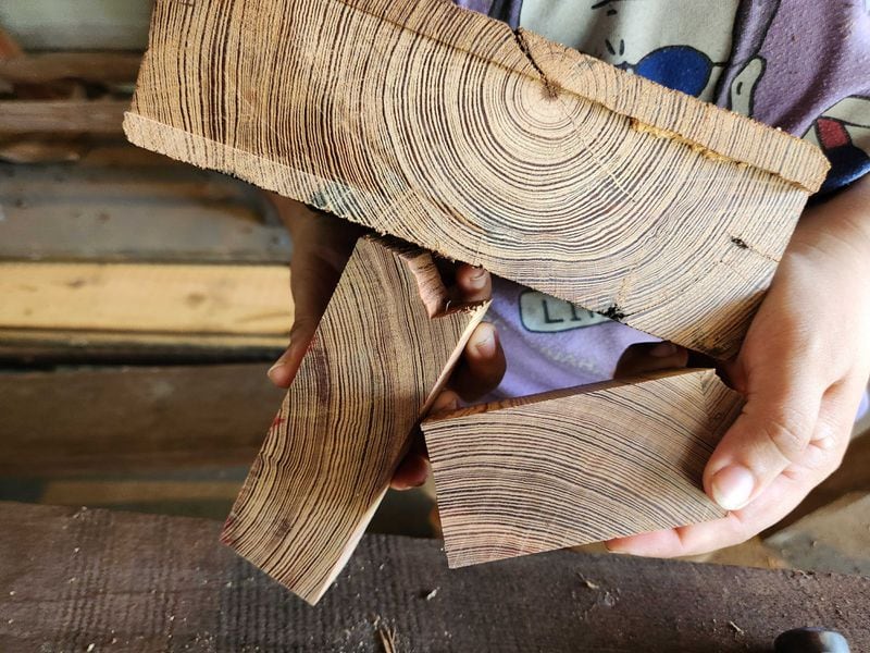 Re:Purpose Savannah marketing manager Yolanda Morris shows off some choice pieces of end grain cut from old pine boards the organization has processed. (Photo Courtesy of Emily Jones/WABE)