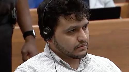 Jose Ibarra listens to translation in status hearing on Friday, Aug. 2, 2024, in Athen-Clarke County Superior Court. Ibarra is accused of killing nursing student Laken Riley. (Screengrab of WSB livestream)