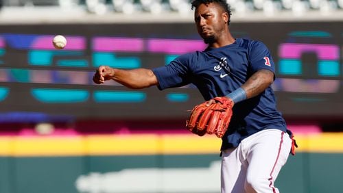 Atlanta Braves second baseman Ozzie Albies (1) throws a ball before a game on Tuesday, Sept. 3, 2024, in Atlanta. 
(Miguel Martinez/ AJC)