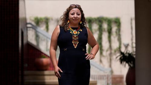 Melissa Camacho poses for photos at the City College of San Francisco's Mission Center in San Francisco, Thursday, Aug. 8, 2024. (AP Photo/Jeff Chiu)