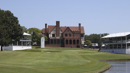 The 18th green and clubhouse are shown during the 2024 Tour Championship at East Lake Golf Club, on Monday, Aug. 26, 2024, in Atlanta. (Jason Getz / AJC)