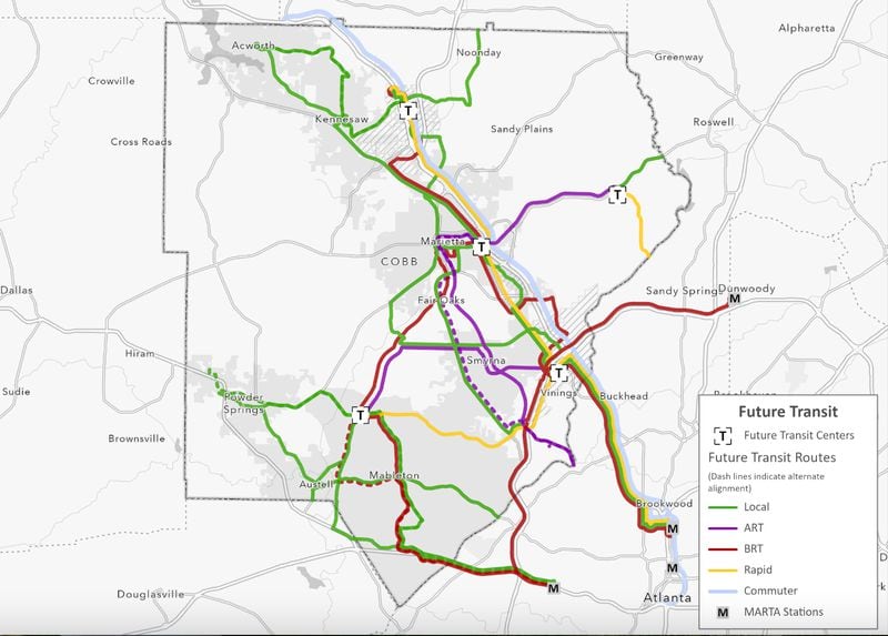 This map shows the proposed transit projects — including bus and arterial rapid transit — in Cobb County that officials expect to put to voters in November 2024.  Cobb County