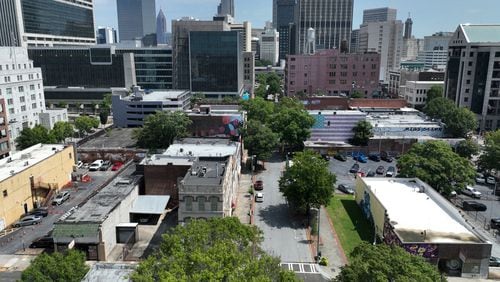 Aerial photo shows Broad St SW between Mitchell Street and MLK Jr. Dr., Wednesday, August 9, 2023, in Atlanta. (Hyosub Shin / Hyosub.Shin@ajc.com)