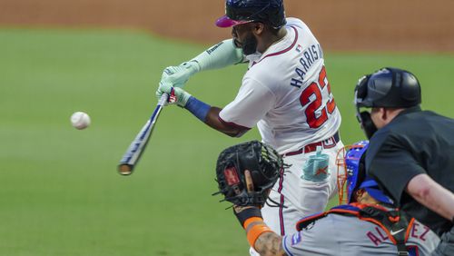 Atlanta Braves' Michael Harris II swings at a pitch called as a strike in the first inning of a baseball game against the New York Mets, Tuesday, Sept. 24, 2024, in Atlanta. (AP Photo/Jason Allen)