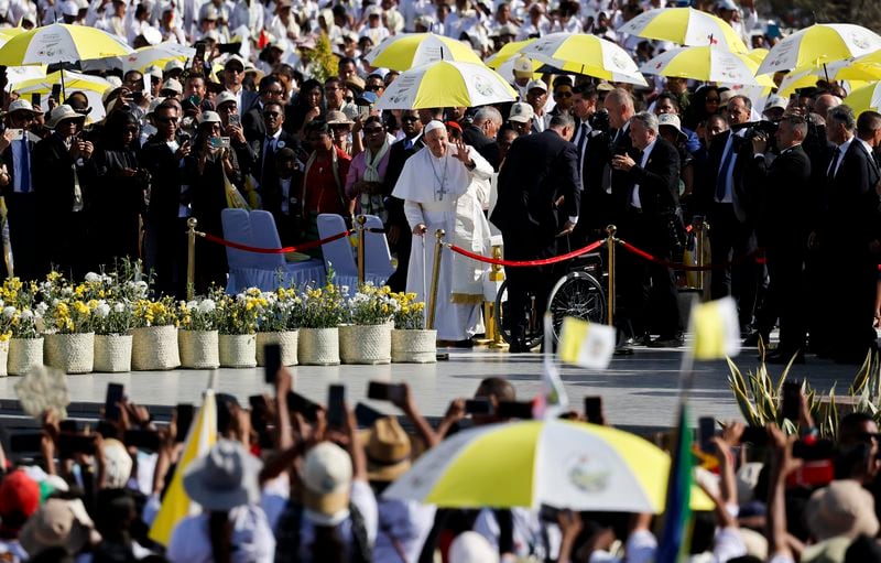 Pope Francis greets faithful on the day of the Holy Mass at the Esplanade of Taci Tolu during his apostolic trip to Asia, in Dili, East Timor, Tuesday, Sept. 10, 2024. (Willy Kurniawan/Pool Photo via AP)