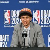 Zaccharie Risacher speaks to members of the press after being selected first by the Atlanta Hawks in the first round of the 2024 NBA Draft at Barclays Arena on Wednesday, June 26, 2024 in Brooklyn, NY. (Hyosub Shin / AJC)