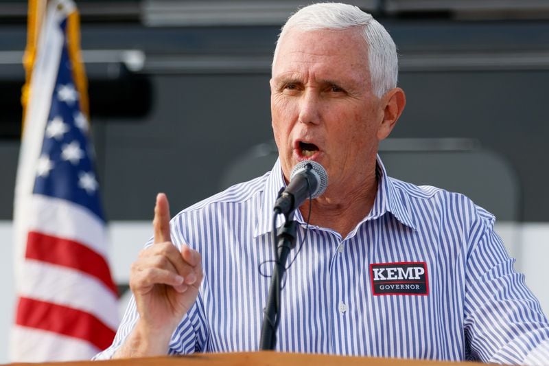 Former Vice President Mike Pence, shown campaigning in Cumming for Gov. Brian Kemp's reelection, has been invited to attend the Gathering, a meeting of conservatives to discuss the future of the GOP. Pence, who announced this past week that he is running for president, could be joined at the event by others bidding for the White House. Those currently invited are Florida Gov. Ron DeSantis, former U.N. Ambassador Nikki Haley and South Carolina U.S. Sen. Tim Scott. (Arvin Temkar / arvin.temkar@ajc.com)