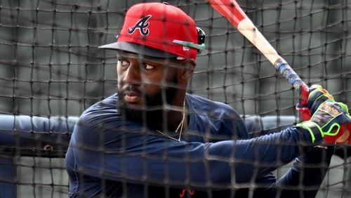 Atlanta Braves center fielder Michael Harris II takes batting practice during spring training workouts at CoolToday Park, Friday, February, 16, 2024, in North Port, Florida. (Hyosub Shin / Hyosub.Shin@ajc.com)