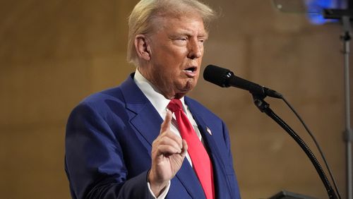 Republican presidential nominee former President Donald Trump answers questions during a campaign event at the Economic Club of New York, Thursday, Sept. 5, 2024, in New York. (AP Photo/Alex Brandon)