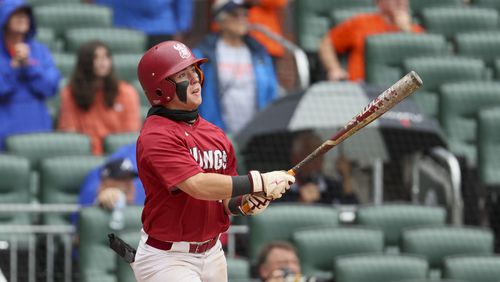 Lowndes’ Carson Page hits a RBI double during the first inning against Parkview in game two of the GHSA baseball 7A state championship at Truist Park, Wednesday, May 17, 2023, in Atlanta. Page a junior is a Georgia Tech baseball commitment. (Jason Getz / Jason.Getz@ajc.com)