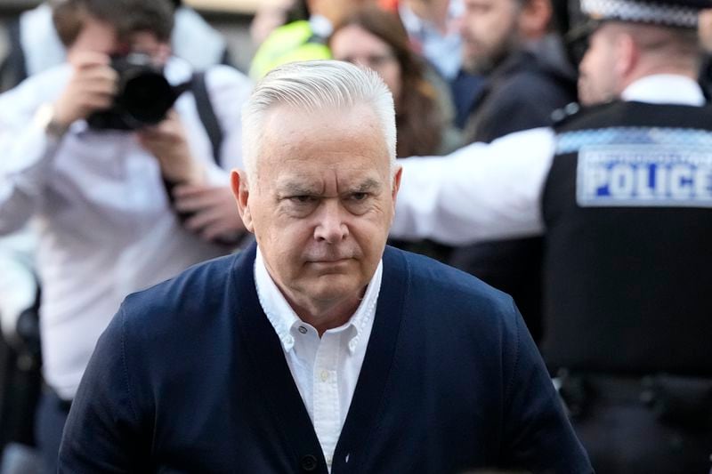 Huw Edwards an ex-BBC news presenter arrives at Westminster Magistrate's Court for sentencing after he pleaded guilty to three counts of making indecent images of children in London, Monday, Sept. 16, 2024. (AP Photo/Frank Augstein)