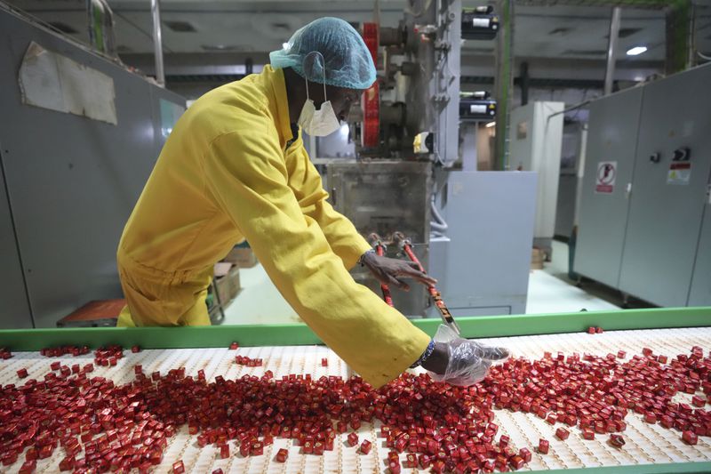 A worker checks bouillon cubes ahead of packaging at the Sweet Nutrition factory in Ota, Nigeria, Thursday, Sept. 12, 2024. (AP Photo/Sunday Alamba)