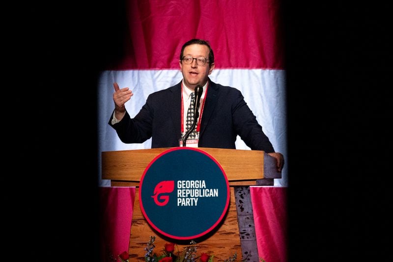 Georgia’s Republican Party chairman Josh McKoon speaks at the Georgia GOP Convention at the Columbus Convention & Trade Center in Columbus on Friday, May 17, 2024. (Arvin Temkar / AJC)