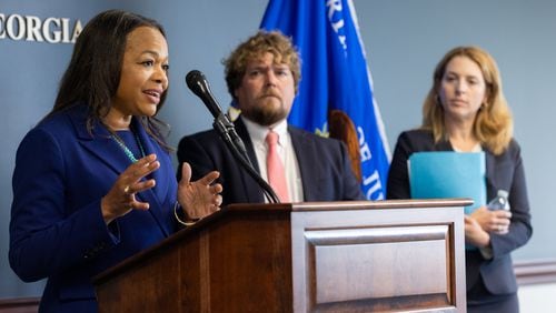 Assistant Attorney General Kristen Clarke of the U.S. Justice Department’s Civil Rights Division speaks about the Department of Justice investigation of Georgia’s prisons at a news conference at the Richard B. Russell Federal Building in Atlanta on Tuesday, Oct. 1, 2024. (Arvin Temkar/AJC)