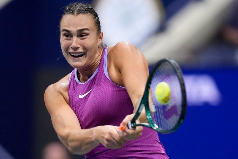 Aryna Sabalenka, of Belarus, returns a shot to Jessica Pegula, of the United States, during the women's singles final of the U.S. Open tennis championships, Saturday, Sept. 7, 2024, in New York. (AP Photo/Julia Nikhinson)