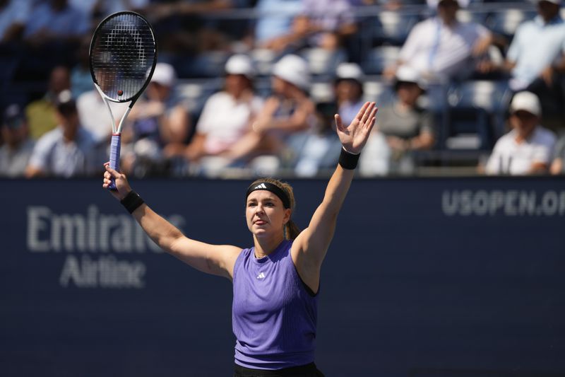 Karolina Muchova, of the Czech Republic, reacts after defeating Beatriz Haddad Maia, of Brazil, during the quarterfinals of the U.S. Open tennis championships, Wednesday, Sept. 4, 2024, in New York. (AP Photo/Kirsty Wigglesworth)