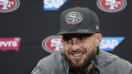 FILE - San Francisco 49ers first round draft pick Ricky Pearsall speaks at an NFL football news conference, April 26, 2024, at the team's facility in Santa Clara, Calif. (AP Photo/Godofredo A. Vásquez, File)