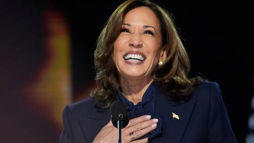 Democratic presidential nominee Vice President Kamala Harris speaks Aug. 22 at the Democratic National Convention in Chicago. (Paul Sancya/AP)