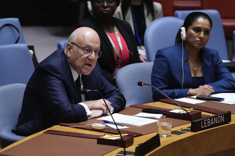 Lebanon's Prime Minister Najib Mikati speaks during a meeting of the Security Council, Wednesday, Sept. 25, 2024, at U.N. headquarters. (AP Photo/Frank Franklin II)