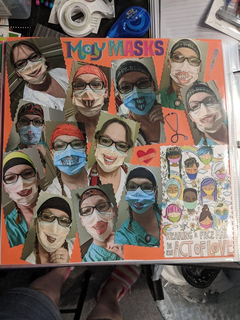 Kim Sloan, an intensive care nurse at Phoebe Putney Memorial Hospital, enjoys scrapbooking. She took photos of her masks. She draws smiley faces on them.“It was so depressing. I wanted to do something to make people smile,” she said.CONTRIBUTED