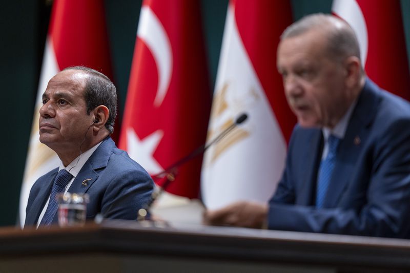 Egyptian President Abdel Fattah el-Sissi, left, listens to Turkish President Recep Tayyip Erdogan during a bilateral signature agreements ceremony at the Presidential palace in Ankara, Wednesday, Sept. 4, 2024. (AP Photo/Francisco Seco)