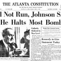 The April 1, 1968, edition of The Atlanta Constitution reports that President Lyndon Johnson will not run for reelection. (Atlanta Constitution on ProQuest)