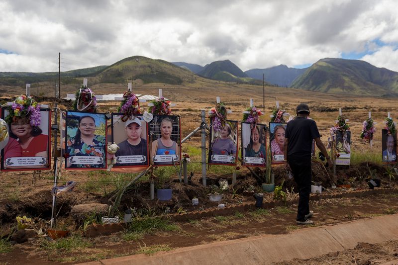 FILE - A visitor walks by photos of victims of the August 2023 wildfire at a memorial near the Lahaina Bypass highway on Saturday, July 6, 2024, in Lahaina, Hawaii. (AP Photo/Lindsey Wasson, File)