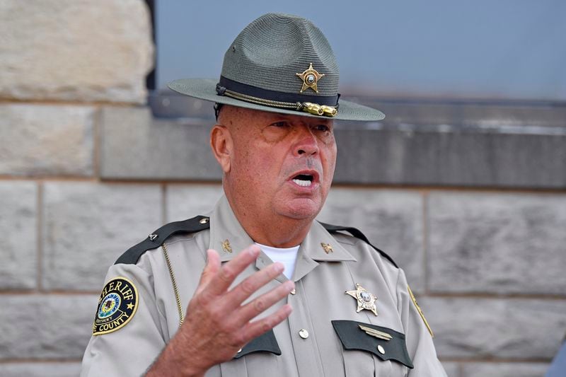 Laurel County Sheriff John Root addresses the media to give an update on the efforts to find the suspect in the shooting at I-75 at the Livingston Ky. exit at the Laurel County Sheriff's Office in London, Ky., Monday, Sept. 9, 2024. (AP Photo/Timothy D. Easley)