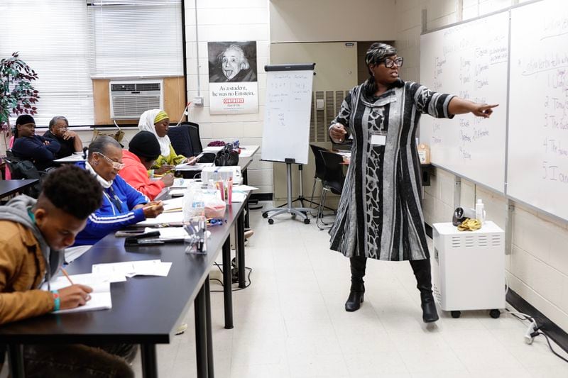 Kristy Taylor, an instructor at Atlanta Public Schools Adult Education Center, teaches a language arts class on Friday, Jan. 19, 2024. (Natrice Miller / Natrice.miller@ajc.com)