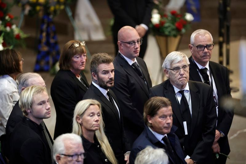 David Beckham leaves the church after the funeral service of Swedish soccer manager Sven-Goran Eriksson at Fryksände church in Torsby, Sweden, Friday Sept. 13, 2024. (Adam Ihse/TT News Agency via AP)