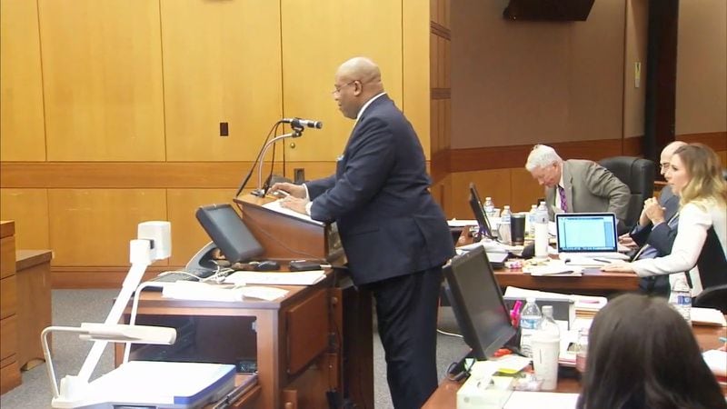 Lead prosecutor Clint Rucker questions Elaine Williams, a paralegal at Corey Enterprises, during the murder trial of Tex McIver on March 14, 2018 at the Fulton County Courthouse. (Channel 2 Action News)