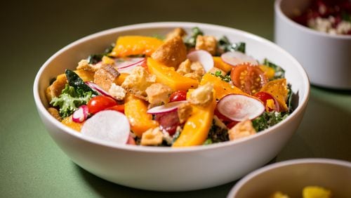 Recess Kale Caesar Salad with tuscan and green kale, butternut squash, cherry tomato, radish, crouton, and caesar dressing. Photo credit- Mia Yakel.