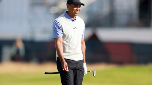 Tiger Woods during a practice round ahead of The Open at Royal Troon, South Ayrshire, Scotland, Monday, July 15, 2024. (Steve Welsh/PA via AP)