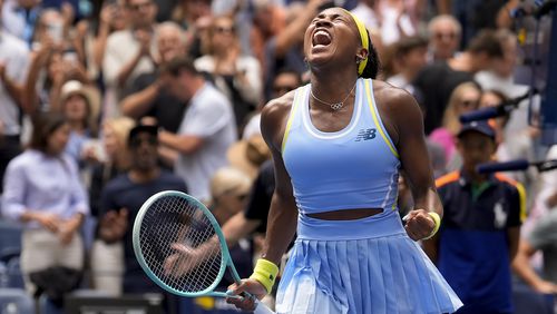 Coco Gauff, of the United States, reacts after defeating Elina Svitolina, of Ukraine, during the third round of the U.S. Open tennis championships, Friday, Aug. 30, 2024, in New York. (AP Photo/Seth Wenig)