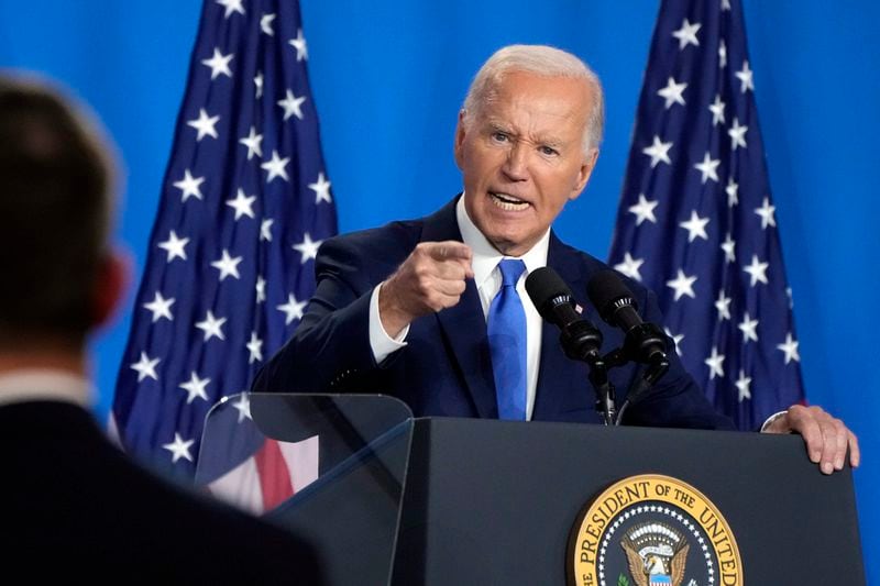 President Joe Biden talks about children dying from gun violence as he speaks at a news conference Thursday July 11, 2024, on the final day of the NATO summit in Washington. (AP Photo/Jacquelyn Martin)