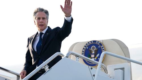 FILE - Secretary of State Antony Blinken waves as he boards his plane to depart Yokota Air Base in Fussa, on the outskirts of Tokyo, July 29, 2024. (AP Photo/Shuji Kajiyama, Pool, File)