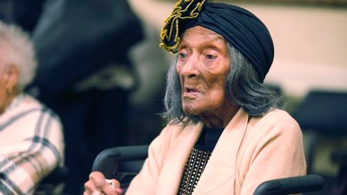 FILE - Lessie Benningfield Randle, a Tulsa Race Massacre survivor, is pictured during the House General Government Committee meeting at the Oklahoma Capitol, Oct. 5, 2023, in Oklahoma City, Okla. (Doug Hoke/The Oklahoman via AP, File)