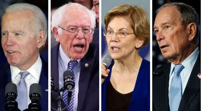 Of the four Democratic presidential candidates pictured, only Joe Biden and Bernie Sanders remain in the race. Elizabeth Warren and Mike Bloomberg have bowed out.