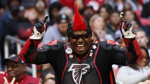 A Falcons fan reacts after his team scored a field goal in the last seconds of the game to beat Houston Texans 21-19  during the second half on Sunday, October 8, 2023, at Mercedes-Benz Stadium in Atlanta. 
Miguel Martinz/miguel.martinezjimenez@ajc.com